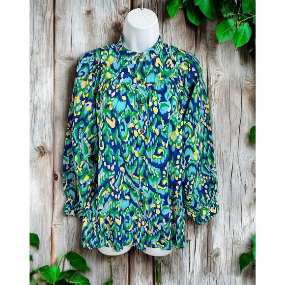 First Love By Lovelyn Abstract Print Mandarin Collar Button Down Top Sz S Blouse - Picture 1 of 10